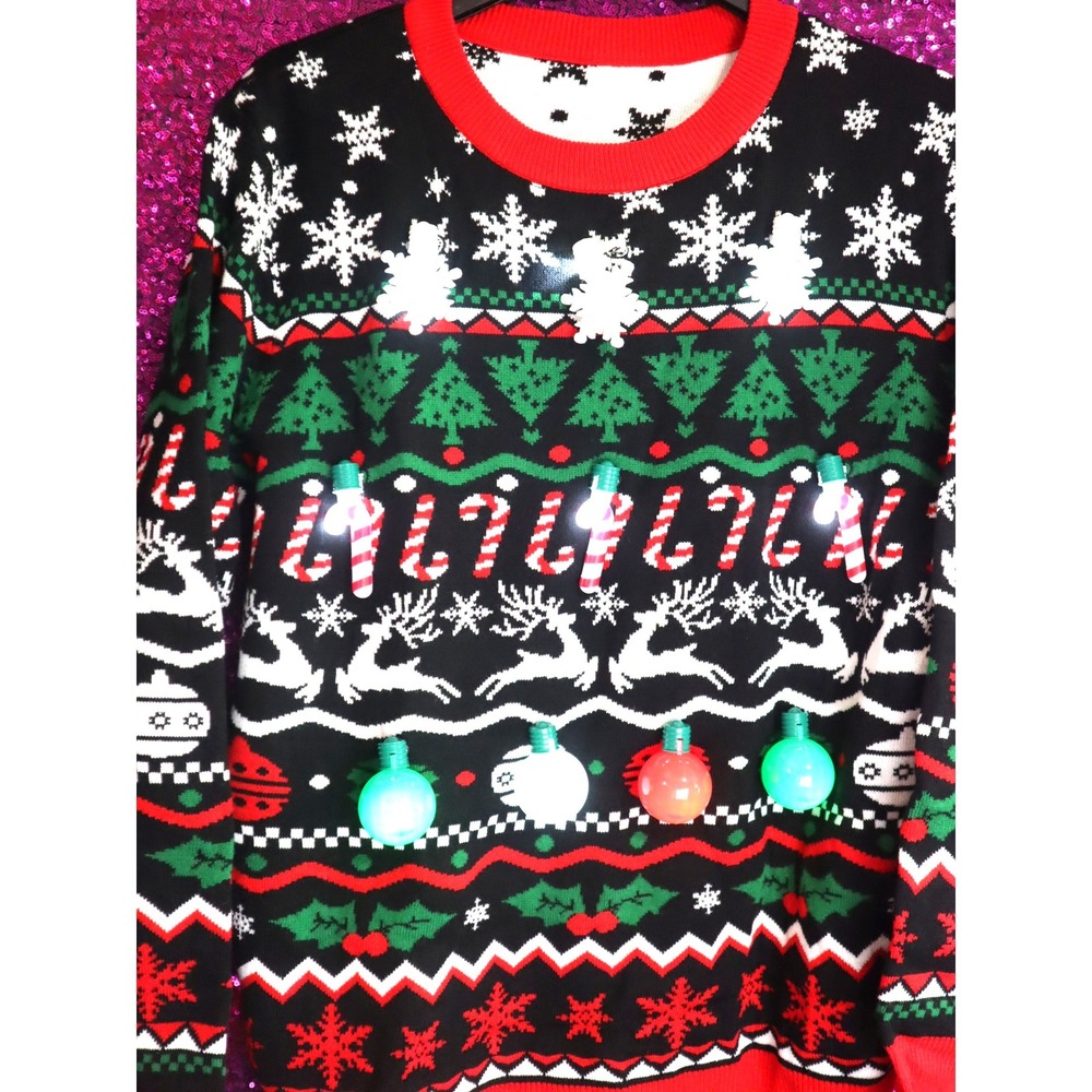 LIGHT UP Black Ugly Christmas Sweater L Unisex Nordic Reindeer Candy Cane Bulbs